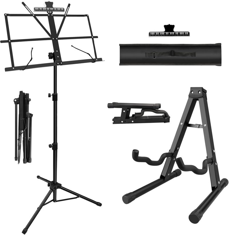 DkOvn Foldable Sheet Music Stand and A-Frame Guitar Stand Set, with Music Sheet Clip Holder & Carrying Bag - Image 1